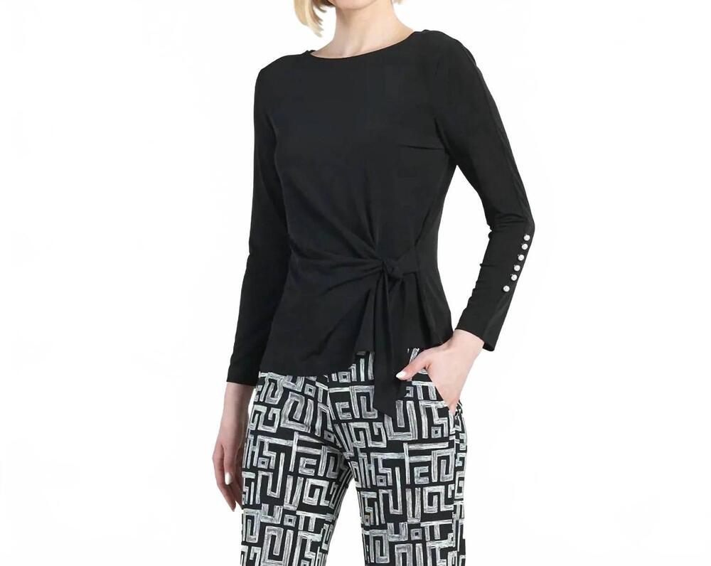 NEW CLARA S pearl cuff side tie waist top in black